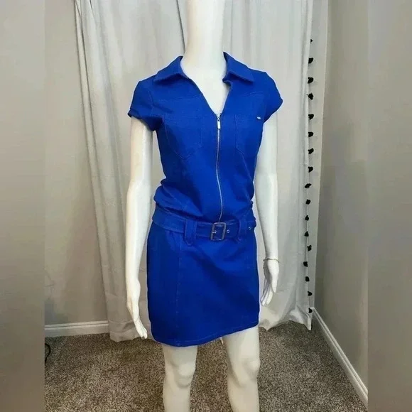 GUESS retro style blue belted mini dress size medium with zip accent size medium - Picture 1 of 8